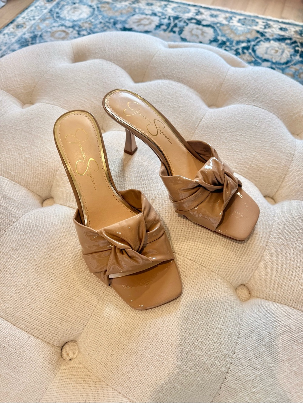 Jessica Simpson Nude Patent Bow Square Toe Mule Heels